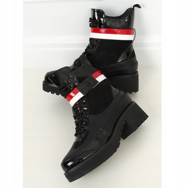 Botas de mujer negras con cordones NS086 Black blanco negro rojo 2