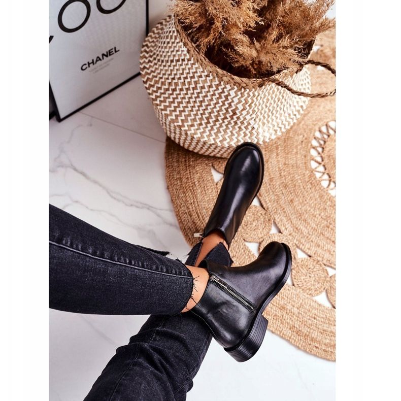 S.Barski Botas de Mujer Botas Chelsea Cálidas Tacón Plano Cuero Negro Fernir 1