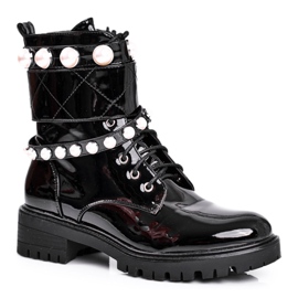 SEA Botas de mujer lacadas en negro Mystique con perlas 8