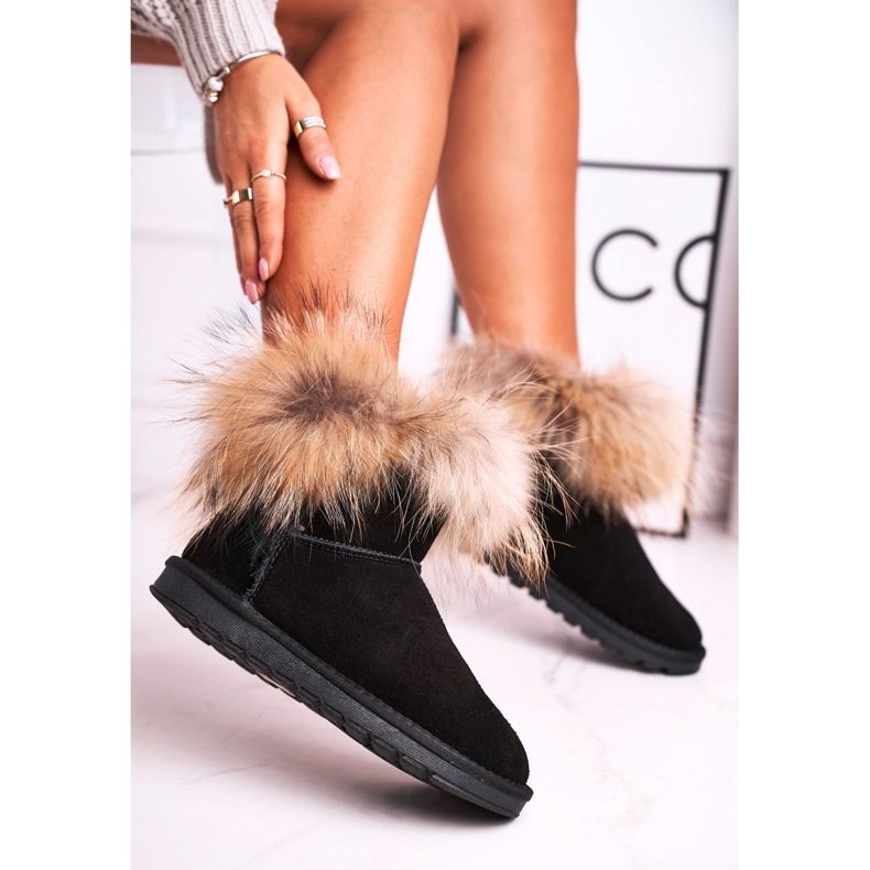 HAN Botas de nieve de cuero Mukluk para mujer con piel, negro 1