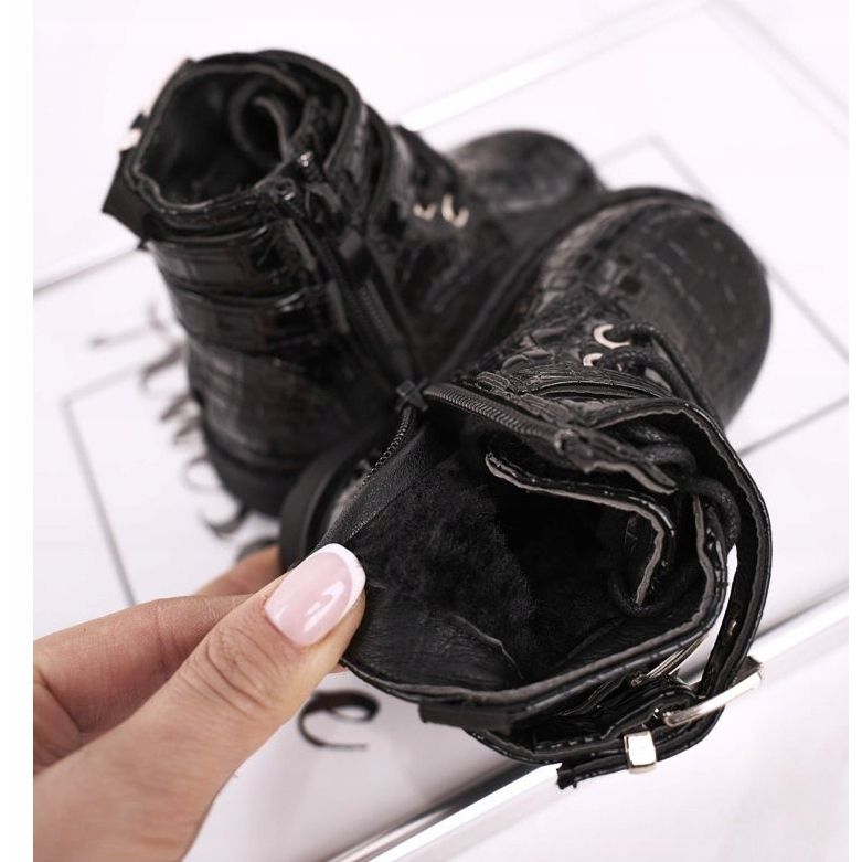 FRROCK Botas Infantiles Calentadas Con Piel, Lacado Negro Valentina 1