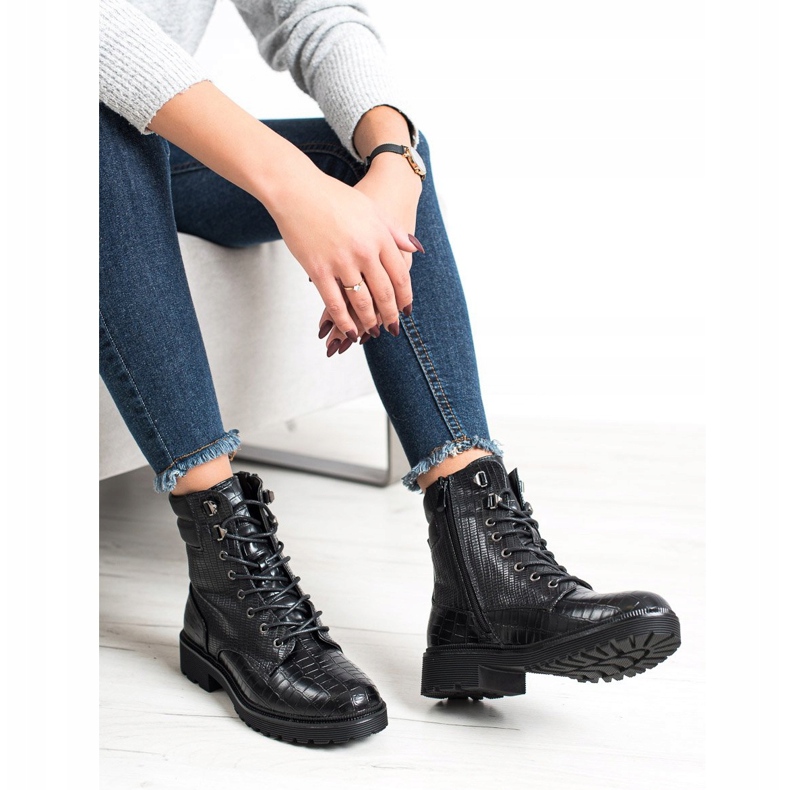 SHELOVET Botas de cordones con estampado negro 2
