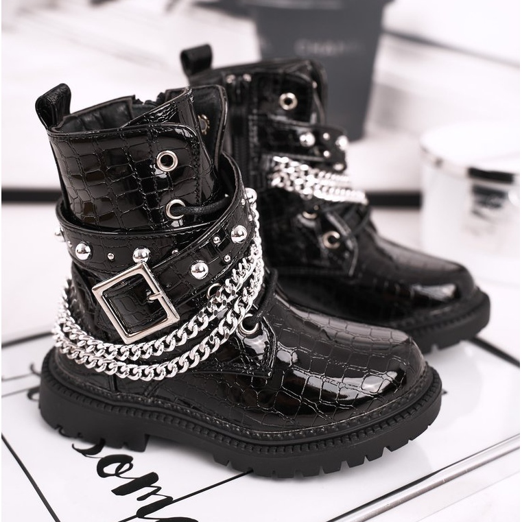 FRROCK Botas Infantiles Calentadas Con Piel, Dolly Lacado Negro 1