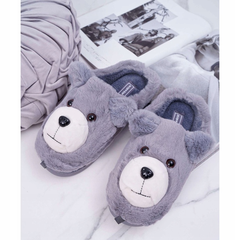 Pantuflas de Mujer con Piel de Oso Gris 1