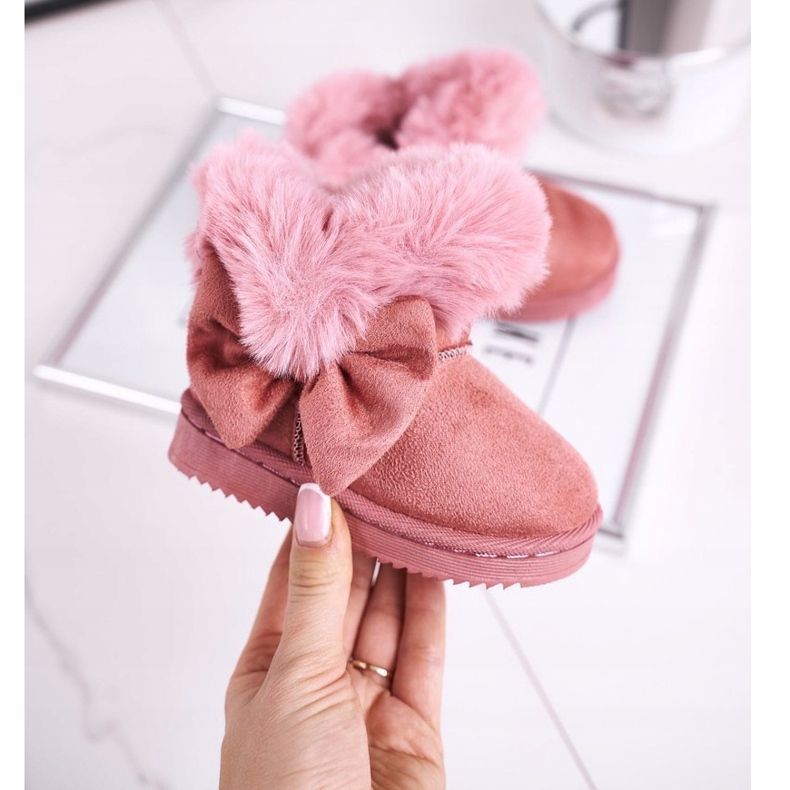FRROCK Botas de nieve para niños con lazo de piel, Vella rosa rosado 2