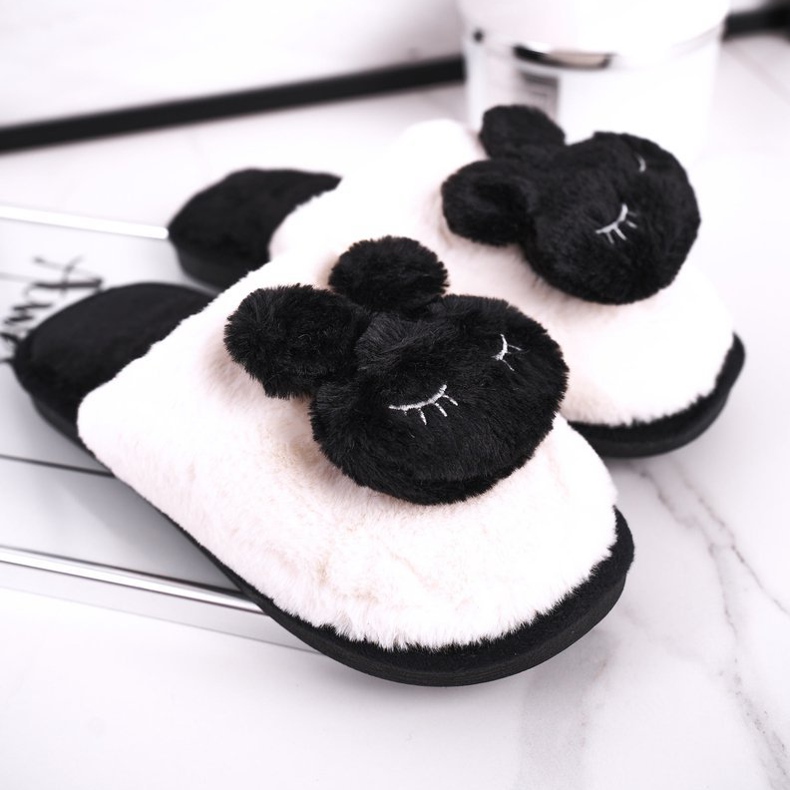 Pantuflas de piel de conejo negro para mujer blanco 1
