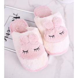 Zapatillas de mujer de piel, piel de conejo blanco y rosa rosado 2