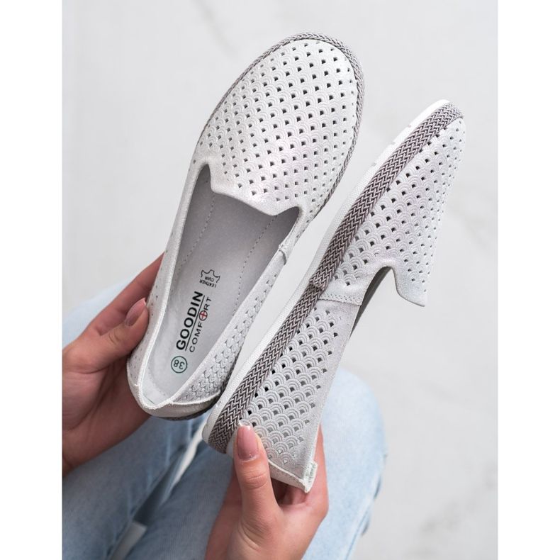 Goodin Señores de cuero calado blanco plata 2