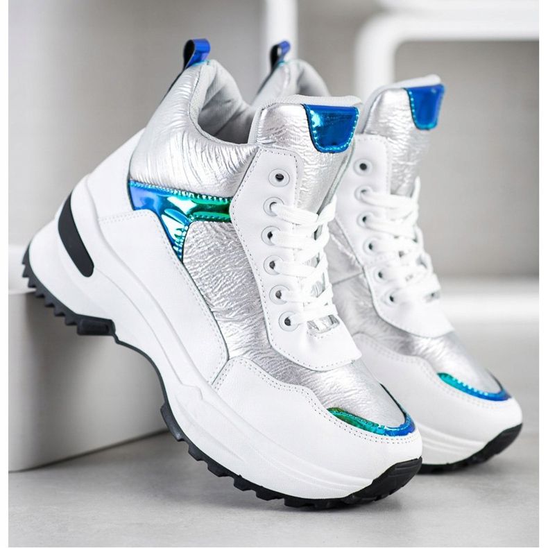 Ideal Shoes Zapatillas altas de cuero ecológico blanco plata 1