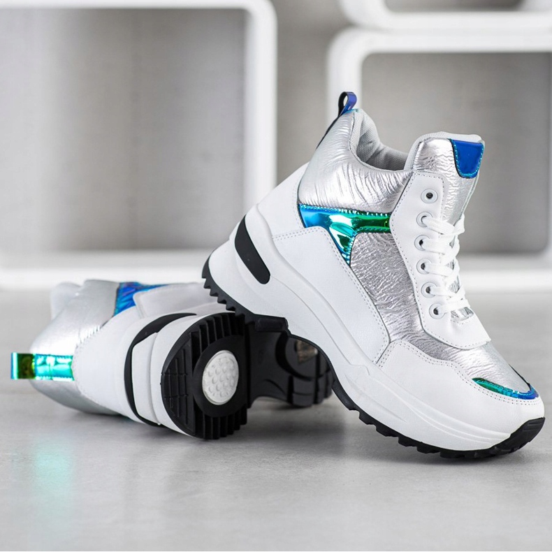 Ideal Shoes Zapatillas altas de cuero ecológico blanco plata 2