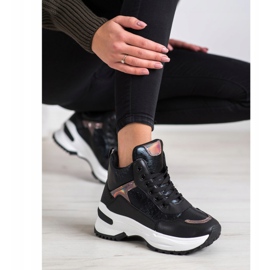 Ideal Shoes Zapatillas altas de cuero ecológico negro rosado 4