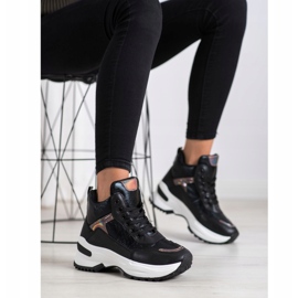 Ideal Shoes Zapatillas altas de cuero ecológico negro rosado 5