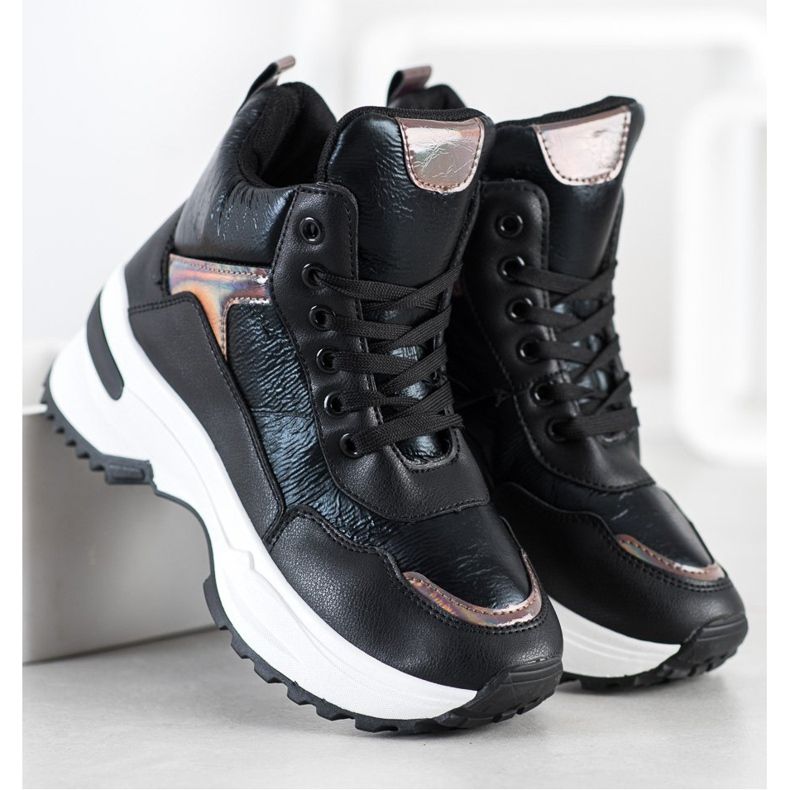 Ideal Shoes Zapatillas altas de cuero ecológico negro rosa 1