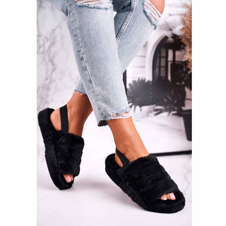 FJ1 Pantuflas de mujer en la plataforma de piel Copo de nieve negro 2