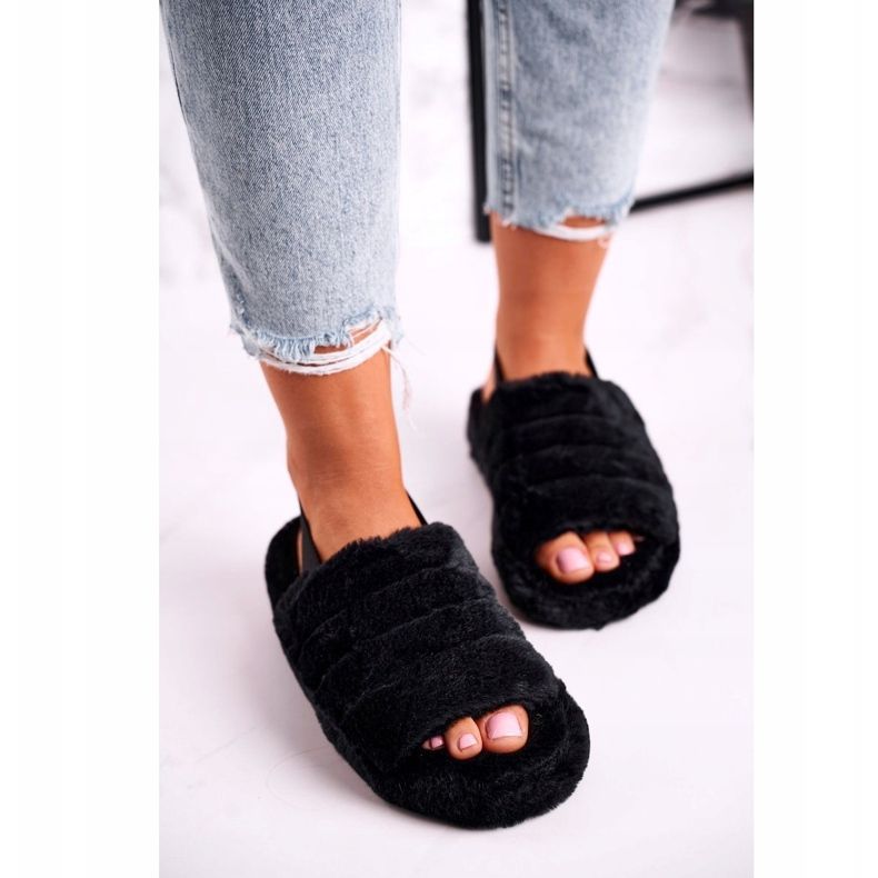 FJ1 Pantuflas de mujer en la plataforma de piel Copo de nieve negro 1