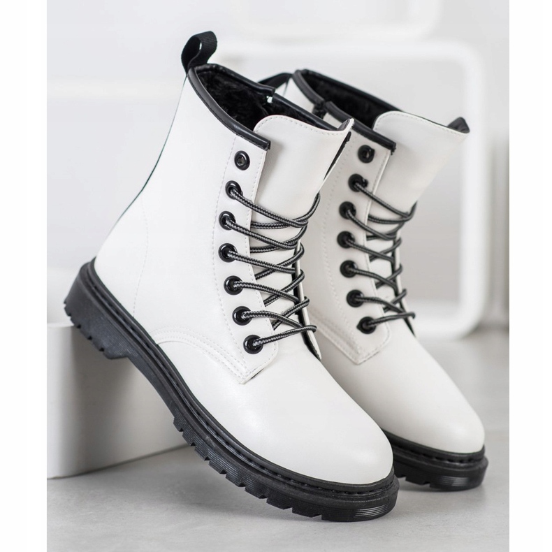 SHELOVET Botas de cuero ecológico blanco negro 1
