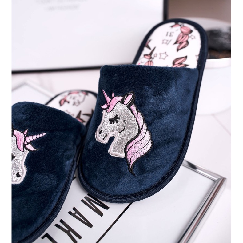 Pantuflas Infantiles Con Unicornio Unicornio Azul Marino 1