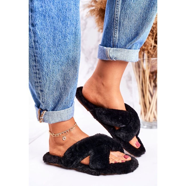 FRJ Pantuflas de piel negra para mujer Cozy Time negro 1