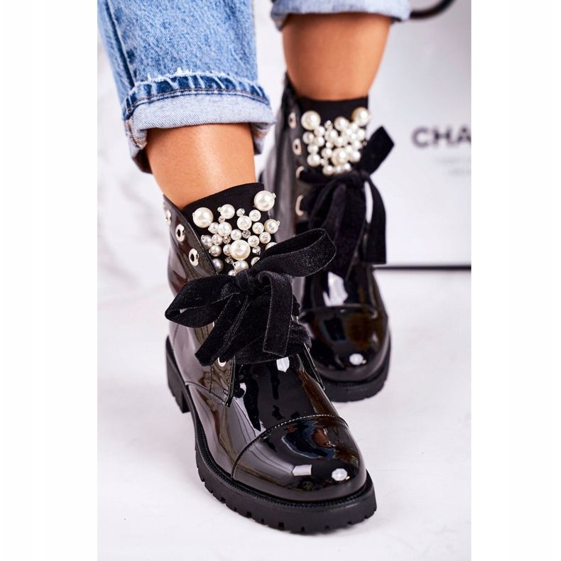 PS1 Bota cálida de mujer con perlas y cinta, lacada Perla negro 2 PS1 Bota cálida de mujer con perlas y cinta, lacada Perla negro 2