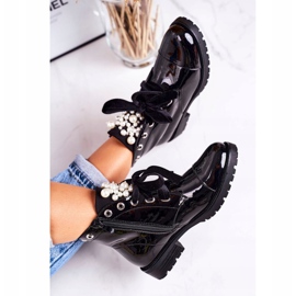 PS1 Bota cálida de mujer con perlas y cinta, lacada Perla negro 4