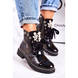 PS1 Botas de abrigo de mujer con perlas, chorros y cinta, barnizada Perla negro 1 PS1 Botas de abrigo de mujer con perlas, chorros y cinta, barnizada Perla negro 1