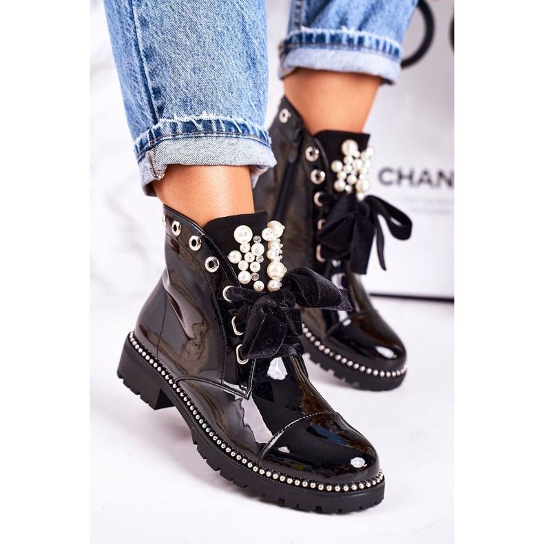 PS1 Botas de abrigo de mujer con perlas, chorros y cinta, barnizada Perla negro 1 PS1 Botas de abrigo de mujer con perlas, chorros y cinta, barnizada Perla negro 1