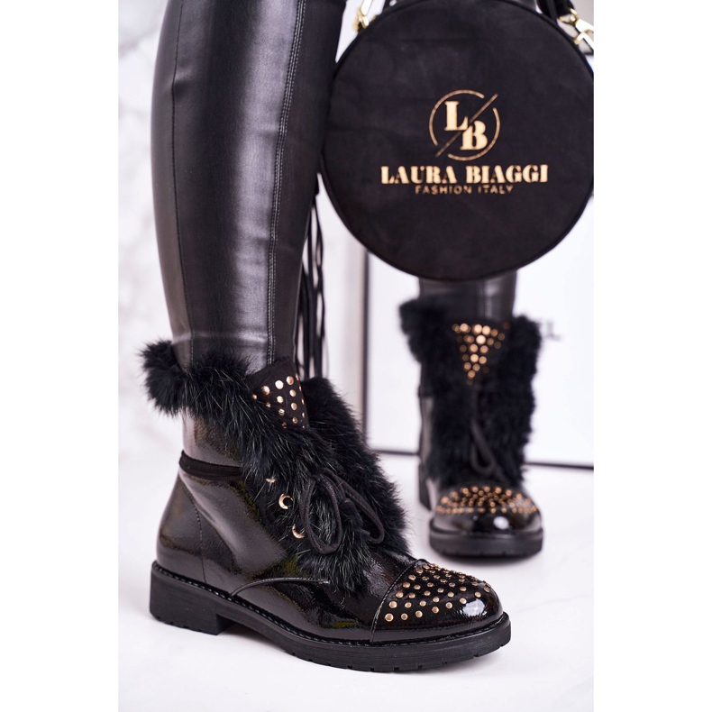 SEA Botas cálidas de mujer con pedrería y piel, Glam lacado negro 1