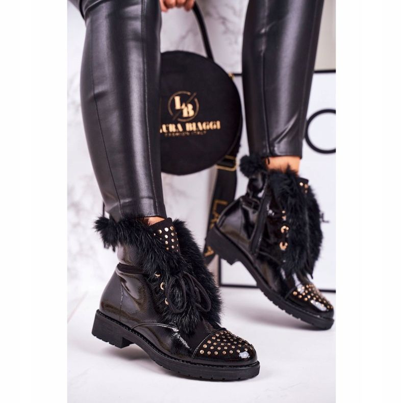 SEA Botas cálidas de mujer con pedrería y piel, Glam lacado negro 2