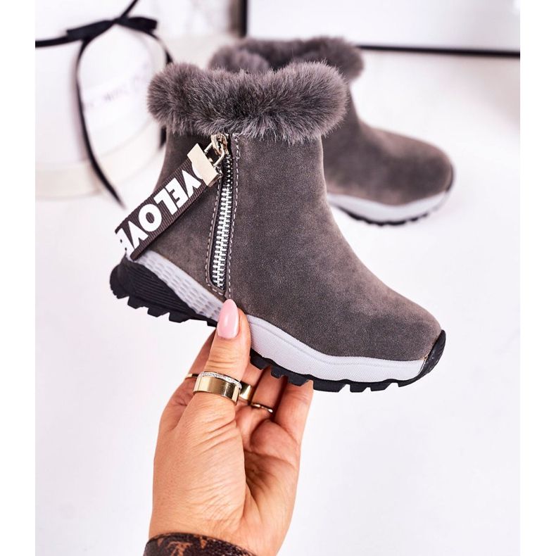 Linshi Botas de nieve cálidas para niños con piel gris Love-Love 2