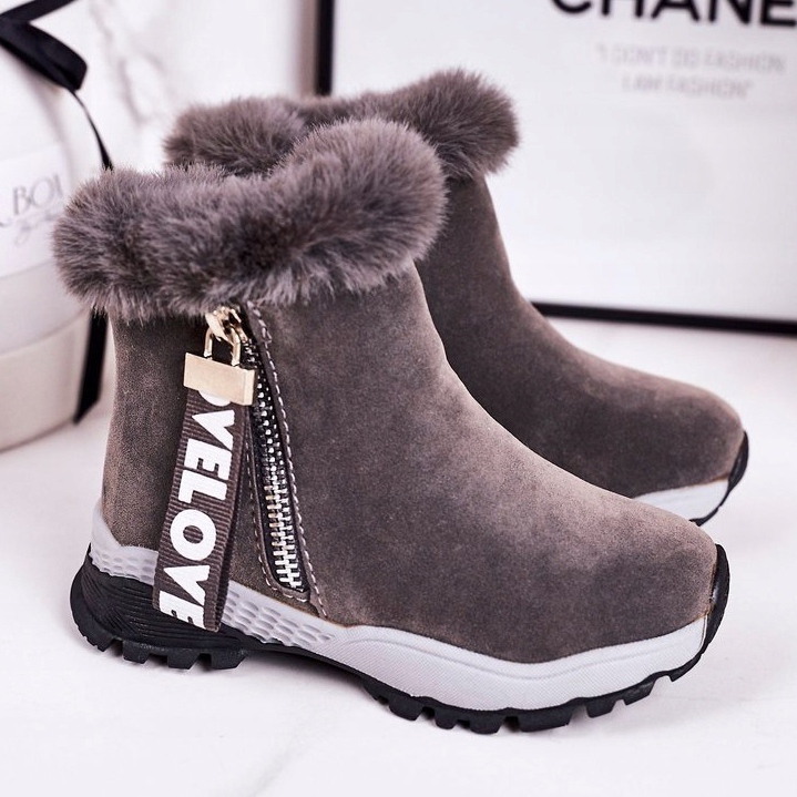 Linshi Botas de nieve cálidas para niños con piel gris Love-Love 1