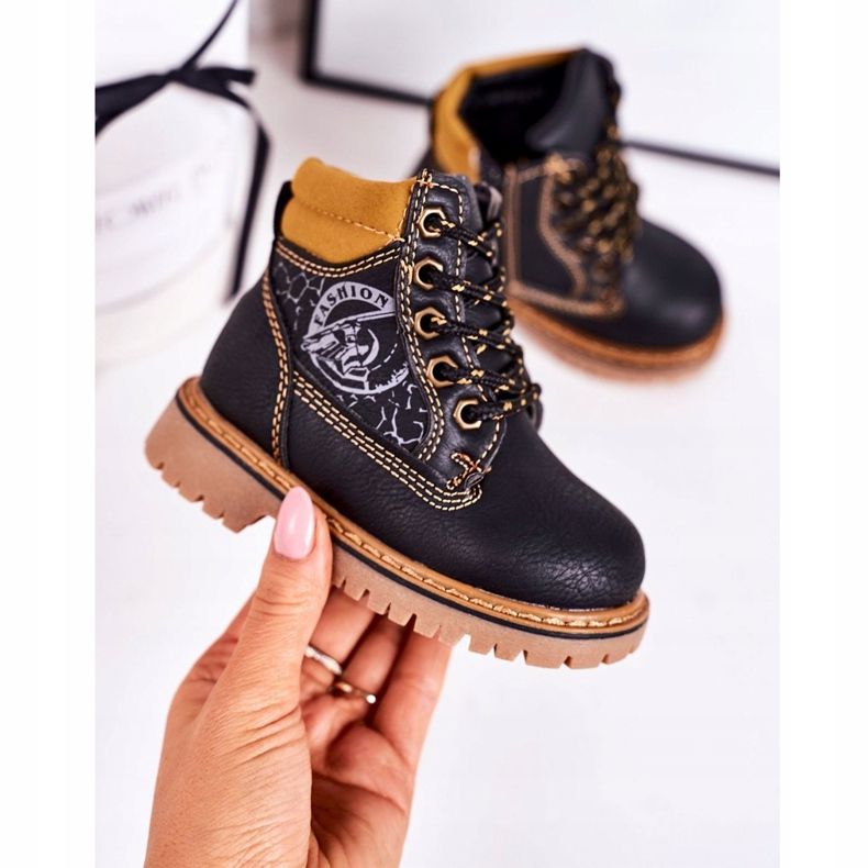 PL1 Botas cálidas para niños Trappers sobre suela de goma negra Bobby negro naranja 2