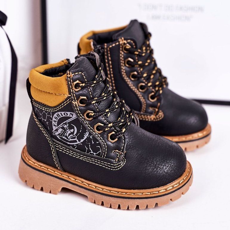 PL1 Botas cálidas para niños Trappers sobre suela de goma negra Bobby negro naranja 1