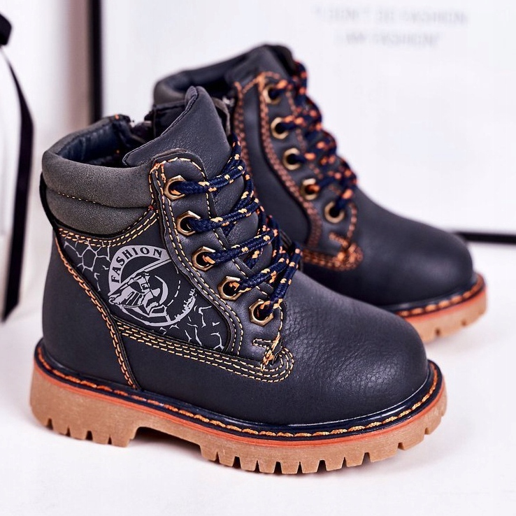 PL1 Botas cálidas para niños Trappers sobre suela de goma Azul marino Bobby naranja 1