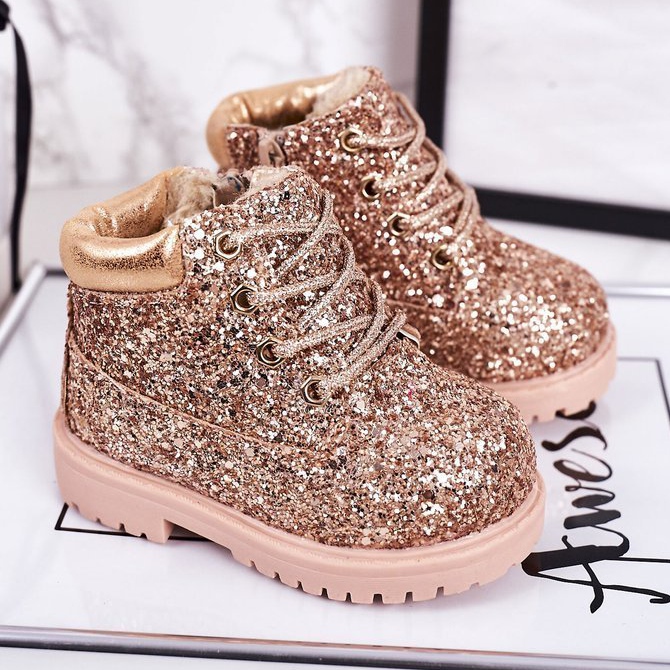 Botas cálidas de brocado para niños Trappers Pink Gold Mermaid rosado dorado 1