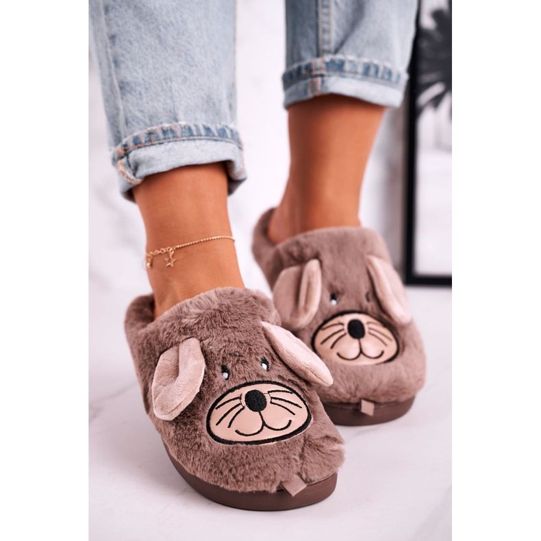 JOMIX Pantuflas de ratón de piel beige para mujer Home Sweet Home marrón 1