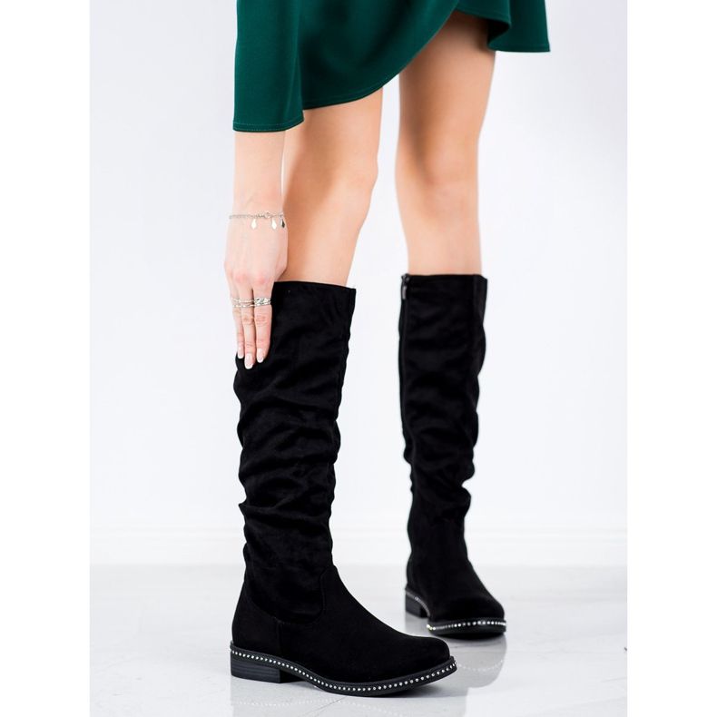 SHELOVET Botas de ante con circonita cúbica negro 2