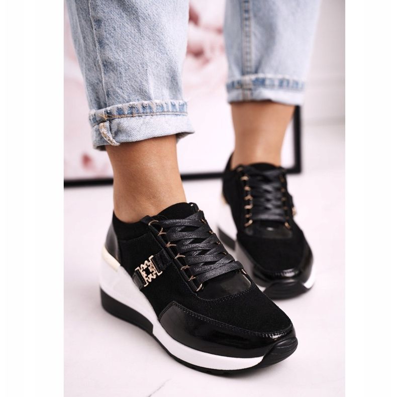 S.Barski Zapatillas de Mujer con Cuña en Piel Negro Dorado Roxette 1