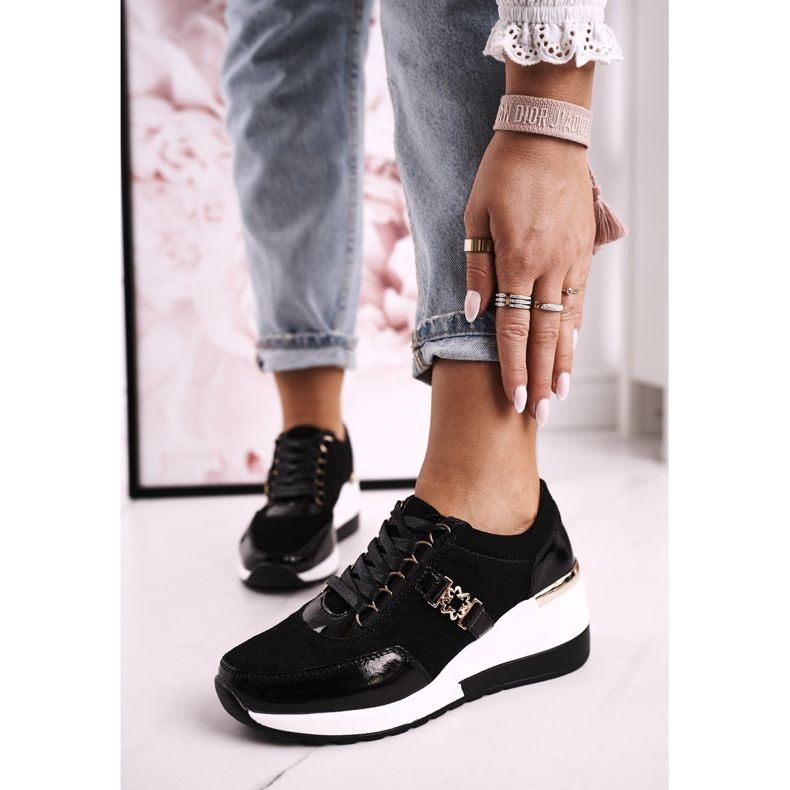 S.Barski Zapatillas de Mujer con Cuña en Piel Negro Dorado Roxette 2