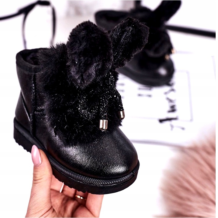 Botas de nieve para niños con pelo con orejas Black Bunny negro 2