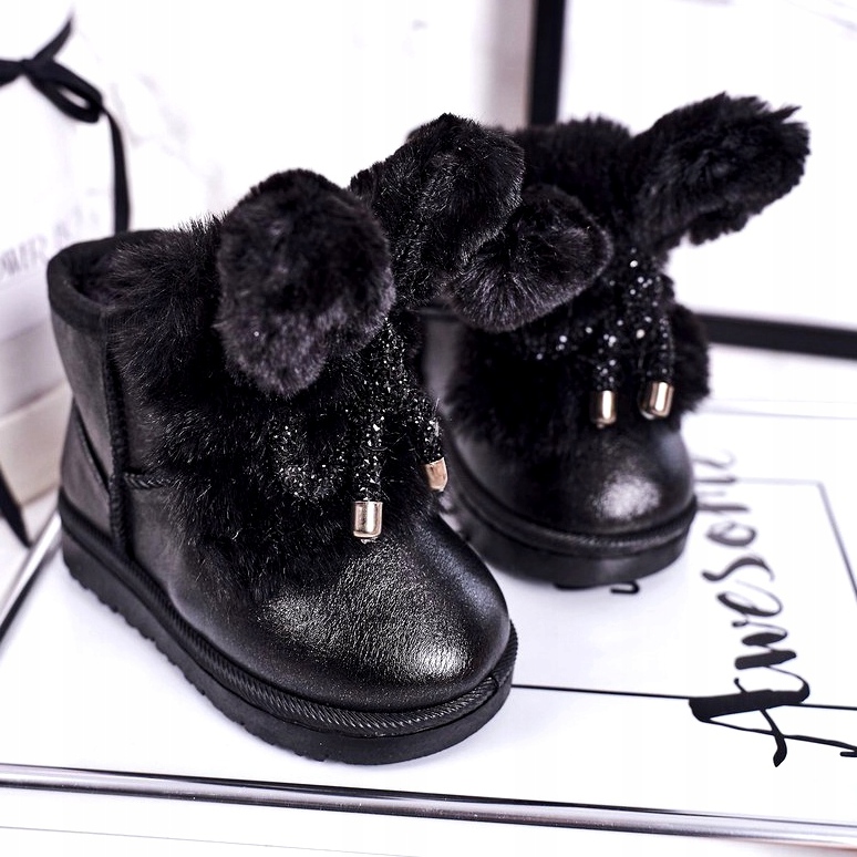 Botas de nieve para niños con pelo con orejas Black Bunny negro 3