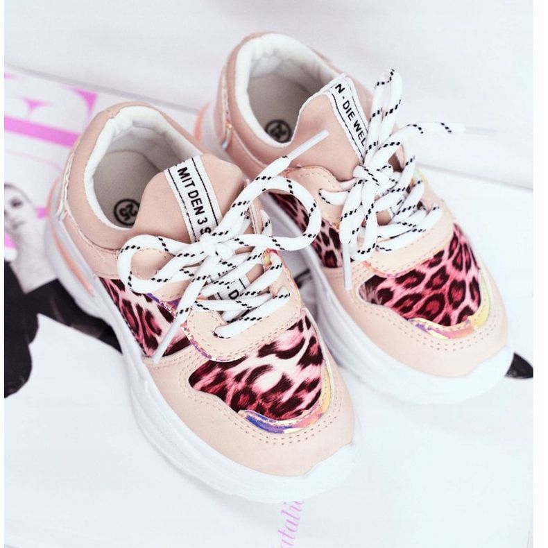 FRROCK Zapatos deportivos para niños con estampado de leopardo Pink Penny beige rosa 2