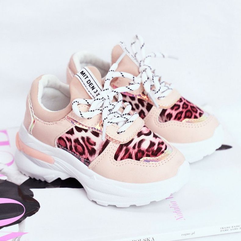 FRROCK Zapatos deportivos para niños con estampado de leopardo Pink Penny beige rosado 1