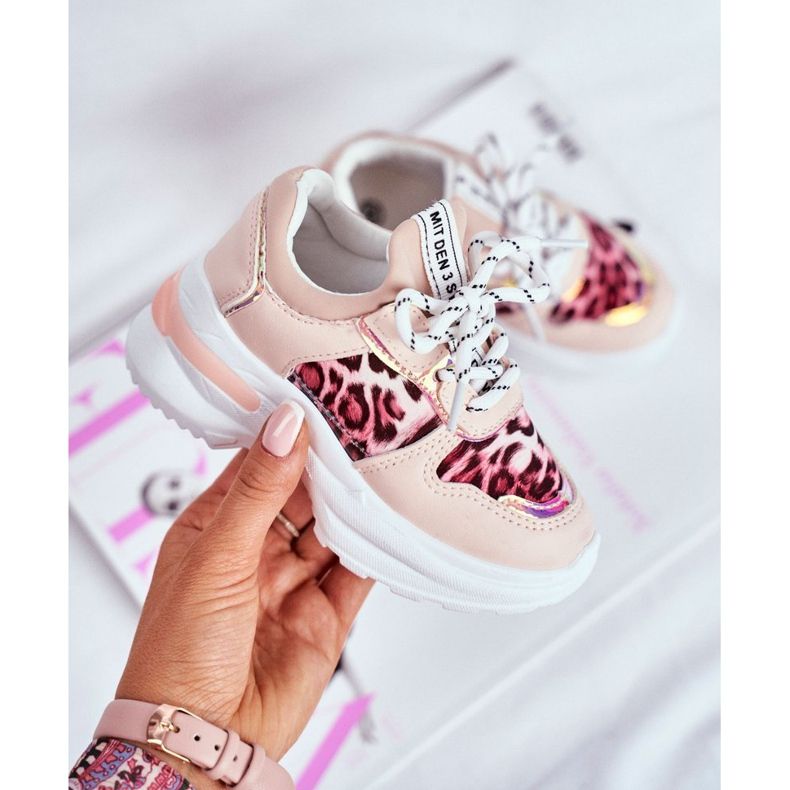 FRROCK Zapatos deportivos para niños con estampado de leopardo Pink Penny beige rosado 4