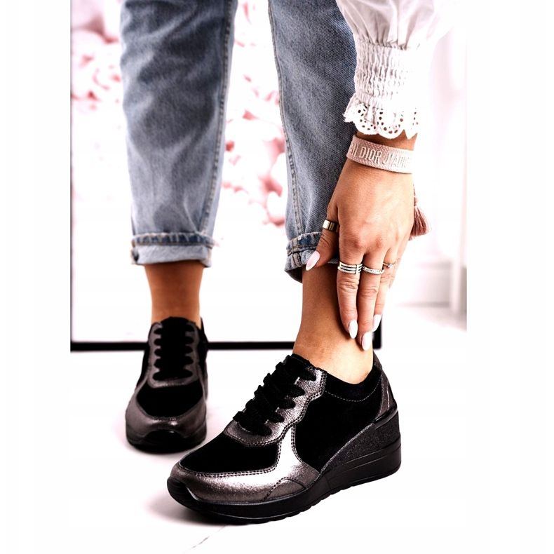 S.Barski Zapatillas de Mujer en Piel con Cuña Negro Roxette multicolor plata 1