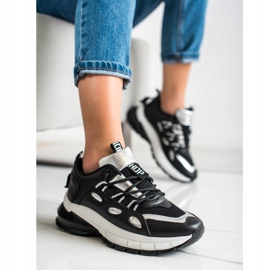 SHELOVET Zapatillas de deporte de cuero ecológico con estilo negro plata 3