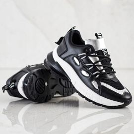SHELOVET Zapatillas de deporte de cuero ecológico con estilo negro plata 2