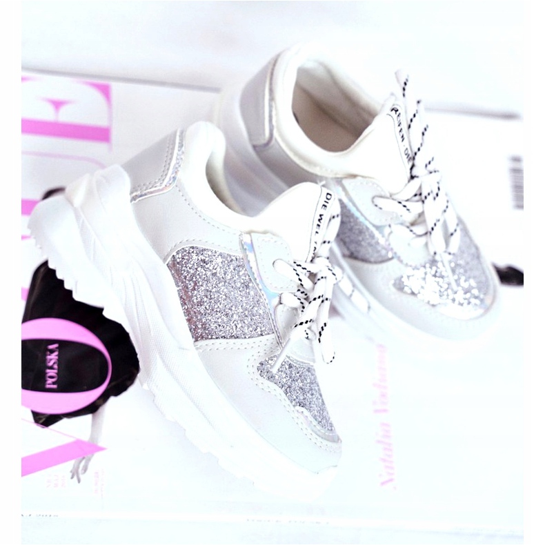 FRROCK Zapatos deportivos para niños con brocado plateado Matylda blanco plata gris 2