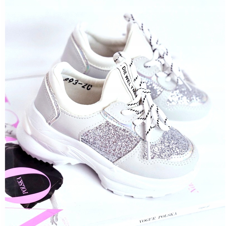 FRROCK Zapatos deportivos para niños con brocado plateado Matylda blanco plata gris 1