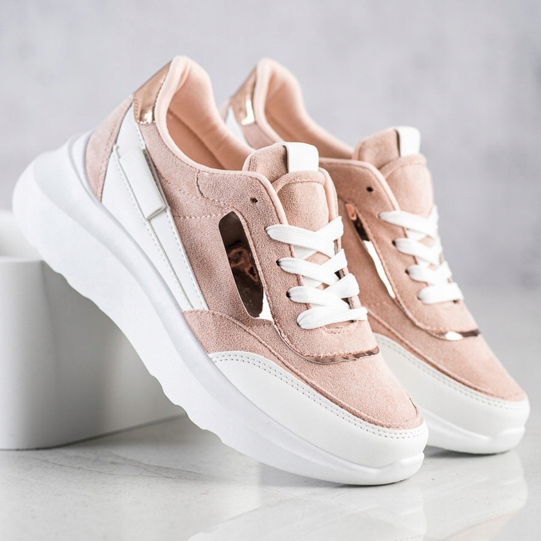 SHELOVET Zapatillas de gamuza con estilo blanco rosado 2