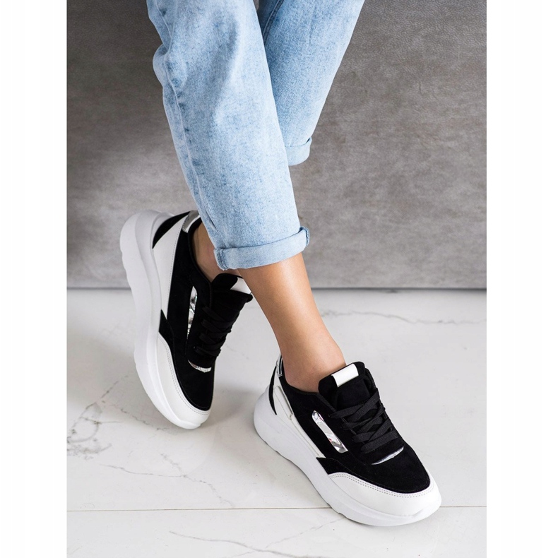 SHELOVET Zapatillas de gamuza con estilo blanco negro 2